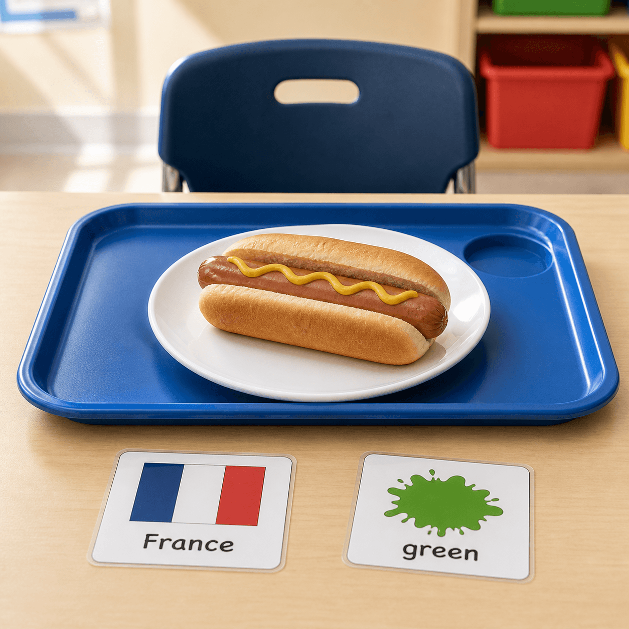 A realistic classroom lunch tray with a hot dog and small France and green flashcards.